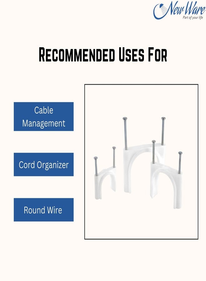NEW WARE مشابك تثبيت الأسلاك من نيو وير (15 مم) مع مسامير من الفولاذ المقاوم للصدأ لإدارة الكابلات، ومنظم الأسلاك، ومشابك أسلاك دائرية لتعليق الكابلات على الحائط (50) - Image 2